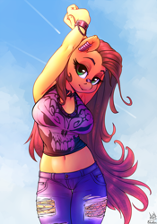 Size: 910x1300 | Tagged: safe, alternate version, artist:atryl, artist:siden, oc, oc only, oc:pumpkin lily, anthro, earth pony, collaboration, anthro oc, arm behind head, armpits, breasts, clothes, female, looking at you, mare, shirt, solo, stretching, ych result