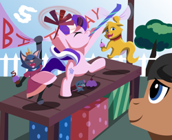 Size: 1500x1219 | Tagged: safe, artist:magerblutooth, diamond tiara, oc, oc:dazzle, oc:peal, cat, earth pony, mouse, pony, comic:diamond and dazzle, banner, cherry, cupcake, food, happy birthday, party horn, present, tree