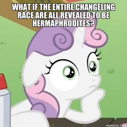 Size: 600x600 | Tagged: safe, derpibooru import, edit, edited screencap, screencap, sweetie belle, pony, unicorn, ponyville confidential, caption, exploitable meme, female, filly, horn, image macro, meme, obligatory pony, solo, sudden clarity sweetie belle, text, two toned mane, white coat, wide eyes