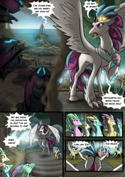 Size: 3541x5016 | Tagged: safe, artist:alexvanarsdale, artist:lummh, princess skystar, queen novo, classical hippogriff, hippogriff, comic:twist of faith, my little pony: the movie, absurd resolution, airship, armor, background hippogriff, cloud, comic, dark clouds, female, fledgeling, hippogriffia, male, mount aris, ocean, speech bubble, storm king's emblem, storm king's ship, unnamed hippogriff, young skystar