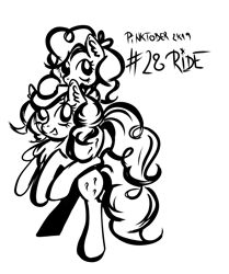 Size: 2694x3216 | Tagged: safe, artist:coco-drillo, pinkie pie, earth pony, pony, clones, doppleganger, duality, inktober, monochrome, pinktober, ride, swirls, swirly mane