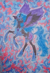 Size: 1442x2096 | Tagged: safe, artist:keshakadens, nightmare moon, alicorn, abstract background, armor, bipedal, female, mare, moon, raised hoof, traditional art