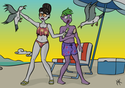 Size: 2893x2039 | Tagged: safe, artist:pony4koma, derpibooru import, raven, spike, human, seagull, equestria girls, armpits, barefoot, beach, beach chair, clothes, elf ears, feet, female, flip-flops, food, hair bun, humanized, ice cream, male, ravenspike, sandals, shipping, shorts, straight, sunglasses, sunset, swimsuit, umbrella