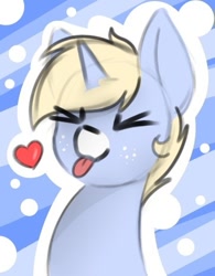 Size: 363x466 | Tagged: safe, artist:itsmeelement, derpibooru import, oc, oc:nootaz, pony, unicorn, :p, abstract background, eyes closed, heart, outline, silly, solo, tongue out