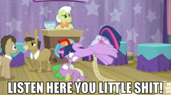 Size: 935x524 | Tagged: safe, edit, edited screencap, screencap, doctor whooves, granny smith, matilda, spike, twilight sparkle, twilight sparkle (alicorn), alicorn, donkey, dragon, earth pony, pony, a trivial pursuit, angry, caption, female, flying, gritted teeth, image macro, listen here, listen here you little, male, saddle bag, shocked, shrunken pupils, text, vulgar, winged spike