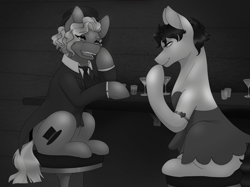 Size: 2732x2048 | Tagged: safe, alternate version, artist:blacksky1113, betty hoof, earth pony, pony, sparkle's seven, alcohol, armband, bar, bedroom eyes, betty boop, black and white, blank flank, blushing, clothes, coat, commission, dress, eyeshadow, female, flirting, glass, grayscale, hat, lesbian, makeup, mare, marelene dietrot, marelene hoof, marlene dietrich, martini, martini glass, monochrome, open mouth, raised hoof, shipping, shot glass, sitting, suit, top hat