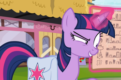 Size: 1324x880 | Tagged: safe, screencap, twilight sparkle, twilight sparkle (alicorn), alicorn, pony, a trivial pursuit, bag, crazy grin, cropped, female, glowing horn, grin, horn, levitation, magic, magic aura, mare, obsession, raised eyebrow, saddle bag, shrunken pupils, smiling, solo, telekinesis, twilighting