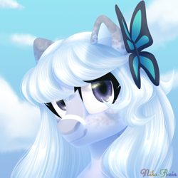 Size: 3000x3000 | Tagged: safe, artist:nika-rain, oc, butterfly, pony, bust, cloud, commission, cute, female, portrait, simple background, smiling, solo