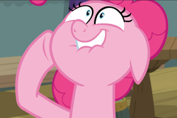 Size: 1416x938 | Tagged: safe, screencap, pinkie pie, earth pony, pony, a trivial pursuit, cropped, excited, faic, female, floppy ears, hoof on cheek, lip bite, mare, pinkie being pinkie, shrunken pupils, solo, trivia trot