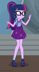 Size: 514x945 | Tagged: safe, derpibooru import, screencap, sci-twi, twilight sparkle, equestria girls, equestria girls series, star crossed, backpack, clothes, female, geode of telekinesis, glasses, legs, magical geodes, ponytail, shoes, skirt, smiling, socks