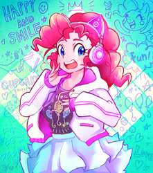 Size: 1000x1132 | Tagged: safe, artist:hobilo, pinkie pie, human, equestria girls, cat ears, clothes, cute, diapinkes, female, headphones, jacket, looking at you, miniskirt, moe, open mouth, skirt, solo