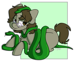 Size: 2244x1846 | Tagged: safe, artist:spoopygander, oc, oc only, oc:dank nugs, earth pony, pony, snake, abstract background, bedroom eyes, glasses, male, outline, prone, smiling, stallion