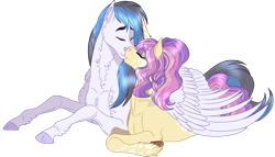 Size: 1365x783 | Tagged: safe, artist:bijutsuyoukai, oc, oc only, pony, unicorn, female, hug, kissing, male, mare, prone, simple background, stallion, straight, transparent background, winghug