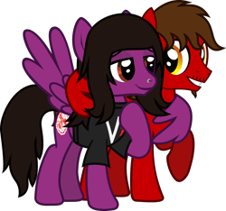 Size: 1268x1186 | Tagged: safe, artist:lightningbolt, derpibooru exclusive, oc, oc:chip, pegasus, pony, .svg available, clothes, duo, facial hair, friends, hoof on chest, hug, lidded eyes, looking at each other, male, nose piercing, pierce the veil, piercing, ponified, raised hoof, shirt, simple background, spread wings, stallion, standing, svg, t-shirt, transparent background, vector, vic fuentes, winghug, wings