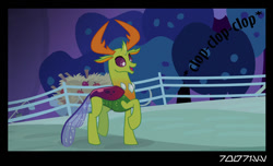 Size: 640x388 | Tagged: safe, edit, edited screencap, editor:teren rogriss, screencap, thorax, changedling, changeling, going to seed, clop, hooves, king thorax, male, night, open mouth, raised hoof, solo, sweet apple acres