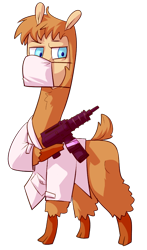 Size: 610x1039 | Tagged: safe, artist:ninji, oc, oc only, oc:lawrence, alpaca, 2020 community collab, clothes, derpibooru community collaboration, face mask, lab coat, machine pistol, male, simple background, solo, transparent background