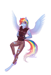 Size: 917x1346 | Tagged: safe, artist:ladychimaera, derpibooru import, rainbow dash, anthro, pegasus, unguligrade anthro, chains, clothes, costume, female, frankenstein's monster, gloves, halloween, hands in pockets, holiday, hoodie, lidded eyes, looking back, mare, simple background, smiling, smirk, solo, torn clothes, white background