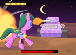 Size: 2000x1454 | Tagged: safe, artist:trackheadtherobopony, derpibooru import, part of a set, oc, oc:glimmering shield, pony, robot, robot pony, explosion, fight, implied trixie, life bar, shooting, signature, solo, tank (vehicle)