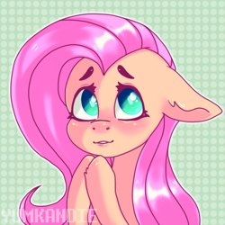 Size: 5000x5000 | Tagged: safe, artist:yumkandie, fluttershy, pegasus, pony, abstract background, blushing, bust, cute, eyebrows, female, floppy ears, hooves together, looking at you, looking sideways, looking up, mare, portrait, shyabetes, solo, three quarter view
