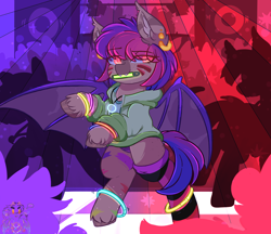 Size: 1476x1275 | Tagged: safe, artist:drawtheuniverse, oc, oc:strobe light, bat pony, pony, dancing