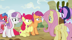 Size: 1920x1080 | Tagged: safe, screencap, apple bloom, biscuit, fluttershy, scootaloo, sweetie belle, twilight sparkle, twilight sparkle (alicorn), alicorn, pegasus, pony, growing up is hard to do, cutie mark crusaders, older, saddle bag