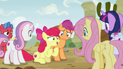 Size: 1920x1080 | Tagged: safe, screencap, apple bloom, biscuit, fluttershy, scootaloo, sweetie belle, twilight sparkle, twilight sparkle (alicorn), alicorn, pegasus, pony, growing up is hard to do, cutie mark crusaders, older, saddle bag