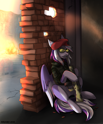 Size: 2000x2400 | Tagged: safe, artist:serodart, oc, pegasus, pony, aa-12, clothes, fire, gun, shotgun, solo, suicide, war, weapon