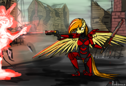 Size: 1500x1024 | Tagged: safe, artist:thestive19, derpibooru import, oc, oc only, anthro, pegasus, fallout equestria, armor, chainsword, disintegration, energy weapon, fanfic, fanfic art, female, grin, gun, handgun, hooves, horn, laser, laser pistol, magical energy weapon, pistol, ruins, smiling, solo, spread wings, weapon, wings