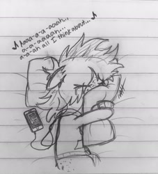 Size: 1861x2046 | Tagged: safe, artist:modocrisma, oc, oc only, oc:sobakasu, earth pony, pony, apple (company), bed, clothes, crying, depression, doodle, fluffy, freckles, headphones, hoodie, hug, iphone, lined paper, lying down, lying on bed, lyrics, monochrome, music, music notes, pencil drawing, phone, photo, pillow, pillow hug, sad, sketch, solo, tears of pain, text, traditional art, vent art