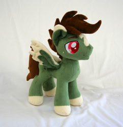 Size: 1500x1548 | Tagged: safe, artist:yukamina-plushies, derpibooru import, oc, oc only, oc:olive hue, pegasus, pony, colored pupils, colored wings, irl, male, photo, plushie, socks (coat marking), spread wings, stallion, wings