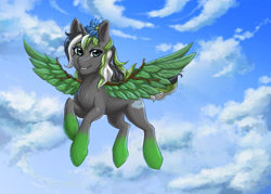 Size: 2480x1777 | Tagged: safe, artist:alexispaint, derpibooru import, oc, oc only, oc:midnight mist, pony, unicorn, artificial wings, augmented, cloud, female, flower, flying, leaf wings, mare, mechanical wing, plant wings, wings, ych result