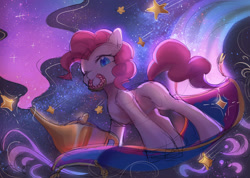 Size: 2600x1850 | Tagged: safe, artist:leafywind, pinkie pie, earth pony, pony, aladdin, colored pupils, crossover, cute, diapinkes, donut, female, flying, food, magic carpet, mare, missing cutie mark, mouth hold, night, oil lamp, one eye closed, sky, solo, starry night, stars