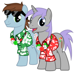 Size: 1000x1000 | Tagged: safe, artist:avastindy, derpibooru exclusive, derpibooru import, oc, oc only, oc:coolj, oc:spark brush, earth pony, pony, unicorn, 2019 community collab, clothes, derpibooru community collaboration, hawaiian shirt, lei, male, shirt, simple background, stallion, sunglasses, transparent background