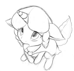 Size: 588x567 | Tagged: artist needed, safe, derpibooru import, oc, oc only, oc:marker pony, pony, unicorn, /mlp/, 4chan, behaving like a dog, cape, clothes, female, floppy ears, looking up, mare, mlpg, monochrome, sitting, solo, tongue out
