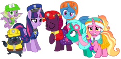 Size: 2145x1044 | Tagged: safe, artist:徐詩珮, fizzlepop berrytwist, glitter drops, grubber, luster dawn, spike, spring rain, tempest shadow, twilight sparkle, twilight sparkle (alicorn), alicorn, dragon, unicorn, series:sprglitemplight diary, series:sprglitemplight life jacket days, series:springshadowdrops diary, series:springshadowdrops life jacket days, my little pony: the movie, spoiler:my little pony movie, alternate universe, base used, bisexual, broken horn, clothes, cute, equestria girls outfit, female, glitterbetes, glitterlight, glittershadow, horn, lesbian, lifeguard, lifeguard spring rain, paw patrol, polyamory, shipping, simple background, sprglitemplight, springbetes, springdrops, springlight, springshadow, springshadowdrops, swimsuit, tempestbetes, tempestlight, transparent background, winged spike