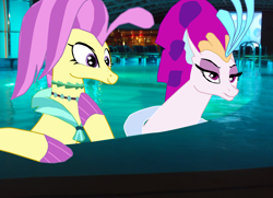 Size: 2986x2161 | Tagged: safe, artist:oceanrailroader, derpibooru import, ocean flow, queen novo, pony, seapony (g4), my little pony: the movie, surf and/or turf, female, irl, photo, ponies in real life, sisters, swimming pool