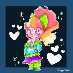 Size: 768x768 | Tagged: safe, artist:ginger-snaps-art, oc, oc:honeycrisp blossom, equestria girls, 80s, 80s hair, alternate hairstyle, bow, clothes, female, freckles, glowstick necklace, hair bow, heart eyes, leg warmers, little girl, off shoulder, off shoulder sweater, offspring, parent:big macintosh, parent:princess cadance, parents:cadmac, solo, sweater, wingding eyes