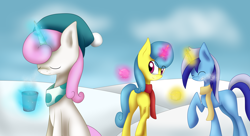 Size: 5500x3000 | Tagged: safe, artist:vicakukac200, derpibooru import, lemon hearts, minuette, twinkleshine, pony, unicorn, clothes, female, glowing horn, magic, mare, scarf, snow, snowball, telekinesis