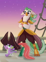 Size: 2048x2732 | Tagged: safe, artist:justsomepainter11, captain celaeno, spike, anthro, bird, dragon, parrot, my little pony: the movie, spoiler:my little pony movie, celaeno's airship, crossed arms, evening, happy, hat, night, night sky, pirate hat, running, sky, this will end in death, this will end in tears, this will end in tears and/or death, wondering