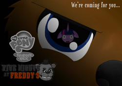 Size: 1517x1074 | Tagged: safe, artist:nigel5469, twilight sparkle, animatronic, crossover, eye reflection, fanfic, fanfic art, fanfic cover, female, five nights at freddy's, floppy ears, freddy fazbear, mare, reflection, scared