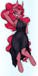 Size: 498x1000 | Tagged: safe, artist:kennzeichen, oc, oc:four eyes, anthro, armpits, bedroom eyes, black dress, body pillow, body pillow design, clothes, dress, female, looking at you, lying down, lying on bed, solo, tongue out