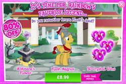 Size: 796x527 | Tagged: safe, derpibooru import, flash magnus, pegasus, pony, advertisement, coin, costs real money, crack is cheaper, gameloft, male, mistmane's flower, official, stallion