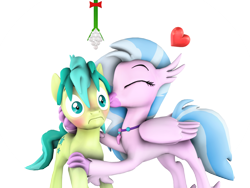 Size: 1280x960 | Tagged: safe, artist:pika-robo, sandbar, silverstream, hippogriff, pony, 3d, blushing, christmas, cute, diastreamies, female, frown, heart, holiday, jewelry, kiss on the cheek, kissing, male, mistletoe, necklace, out of context, sandabetes, sandstream, shipping, simple background, source filmmaker, straight, surprise kiss, surprised, teenager, thousand yard stare, transparent background, wide eyes