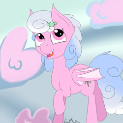 Size: 2000x2000 | Tagged: safe, artist:luriel maelstrom, derpibooru import, oc, oc:haiky haiku, bat pony, pony, bat pony oc, cloud, cotton candy clouds, fangs, female, flying, looking up, mare, open mouth, signature, simple background, smiling, solo, teeth