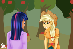 Size: 2500x1666 | Tagged: safe, artist:spokenmind93, derpibooru import, applejack, twilight sparkle, human, applebuck season, apple tree, applejack's hat, clothes, cowboy hat, freckles, hat, humanized, scene interpretation, stetson, tired, tree