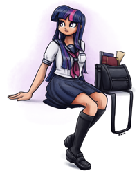 Size: 1500x1893 | Tagged: safe, artist:king-kakapo, twilight sparkle, human, bag, book, book bag, clothes, cute, female, humanized, pleated skirt, sailor uniform, school uniform, scroll, shoes, simple background, sitting, skirt, socks, solo, twiabetes, uniform, white background