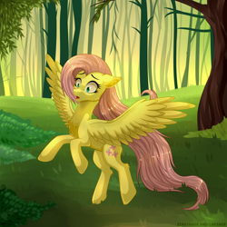 Size: 3000x3000 | Tagged: safe, artist:alfury, artist:starshade, fluttershy, pegasus, pony, collaboration, cheek fluff, chest fluff, cute, cutie mark, female, floppy ears, flying, forest, mare, open mouth, solo, spread wings, wings