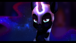 Size: 2560x1440 | Tagged: safe, artist:caseykeshui, nightmare moon, pony, abstract background, bust, cute, cute little fangs, ear fluff, ethereal mane, fangs, female, glowing horn, helmet, jewelry, lidded eyes, mare, redraw, regalia, solo, starry mane