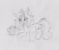 Size: 2567x2184 | Tagged: safe, artist:wapamario63, oc, oc only, oc:songheart, pony, unicorn, alcohol, beer, drunk, female, mare, monochrome, sketch, solo, traditional art