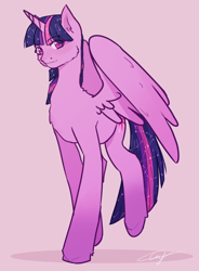 Size: 1060x1440 | Tagged: safe, artist:caseykeshui, twilight sparkle, twilight sparkle (alicorn), alicorn, pony, constellation, ethereal mane, eye clipping through hair, eyebrows visible through hair, female, looking at you, mare, pink background, simple background, solo, starry mane